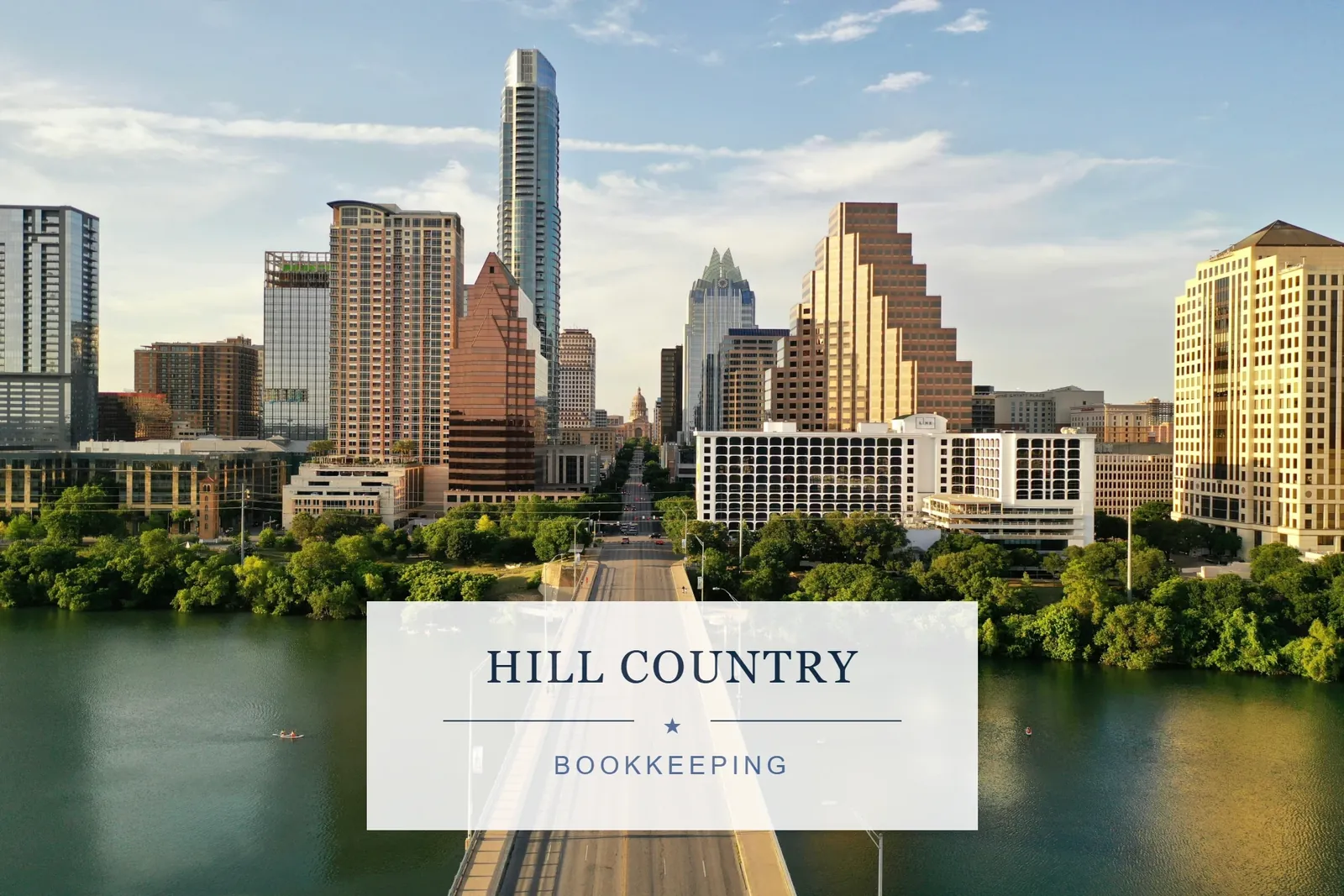 Hill Country Bookkeeping logo over the downtown Austin skyline